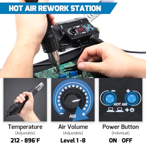 WEP 882D Soldering Iron Station 2-IN-1 SMD Hot Air Rework Station with 2 Spools of Solder Wire, 5 Soldering Tips, 3 Hot Air Nozzles, Brass Wool Tip Cleaner, Tweezers, Desoldering pump - Image 3