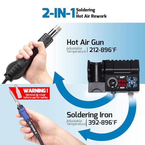 WEP 882D Soldering Iron Station 2-IN-1 SMD Hot Air Rework Station with 2 Spools of Solder Wire, 5 Soldering Tips, 3 Hot Air Nozzles, Brass Wool Tip Cleaner, Tweezers, Desoldering pump - Image 2