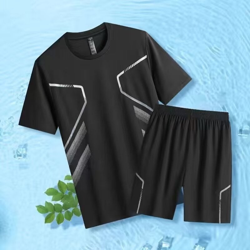 Mens Quick-Dry Sports Set T-Shirt Shorts Black  - Image 1