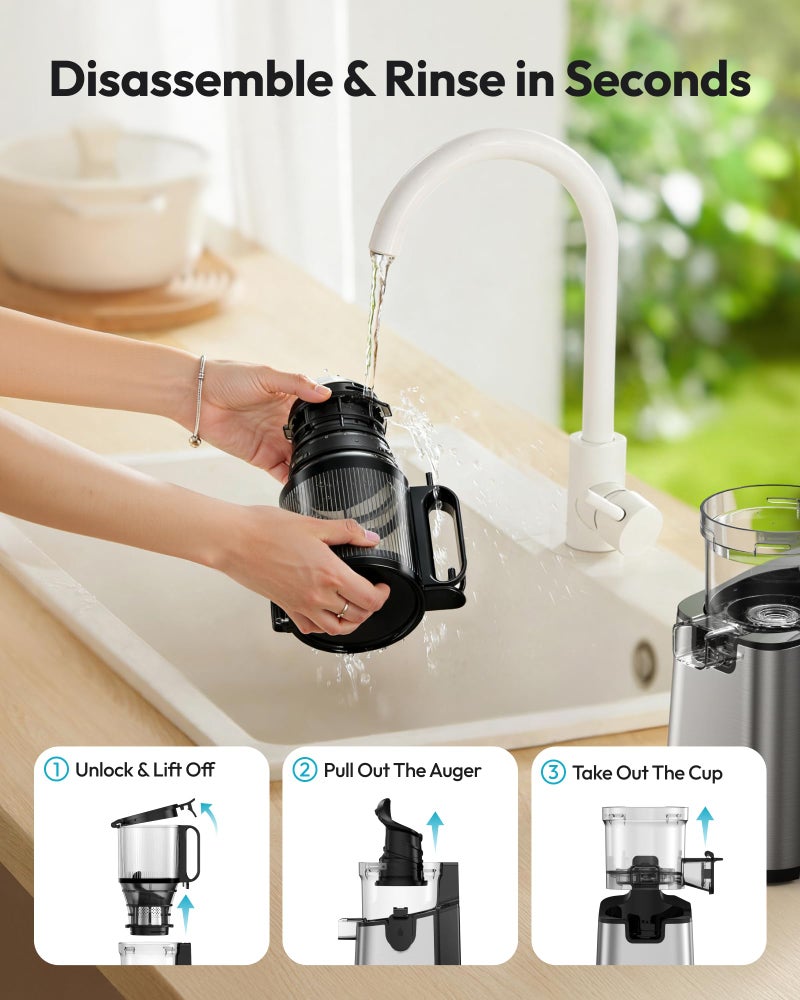 EUHOMY Juicer Machines, EUHOMY 5.8" Wide Feed Chute Cold Press Juicer for Whole Vegetables & Fruits with 400W, High Juice Yield, Easy to clean, Black Stainless Steel - Image 5