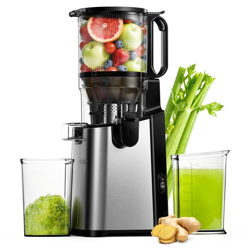 EUHOMY Juicer Machines, EUHOMY 5.8" Wide Feed Chute Cold Press Juicer for Whole Vegetables & Fruits with 400W, High Juice Yield, Easy to clean, Black Stainless Steel - Image 1