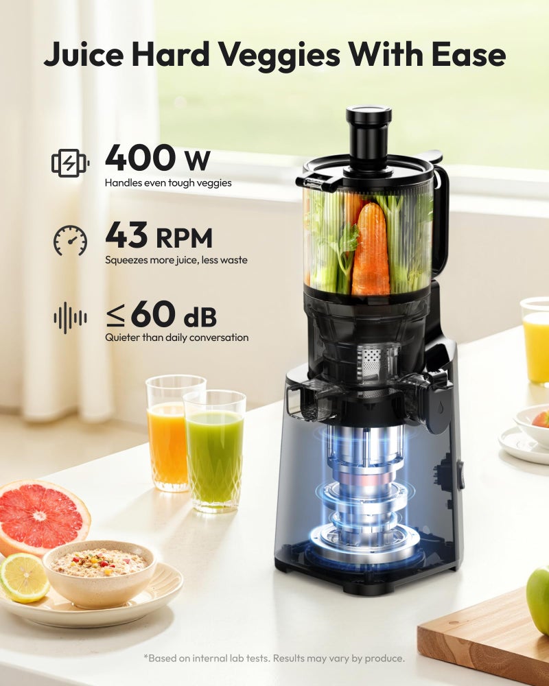 EUHOMY Juicer Machines, EUHOMY 5.8" Wide Feed Chute Cold Press Juicer for Whole Vegetables & Fruits with 400W, High Juice Yield, Easy to clean, Black Stainless Steel - Image 4