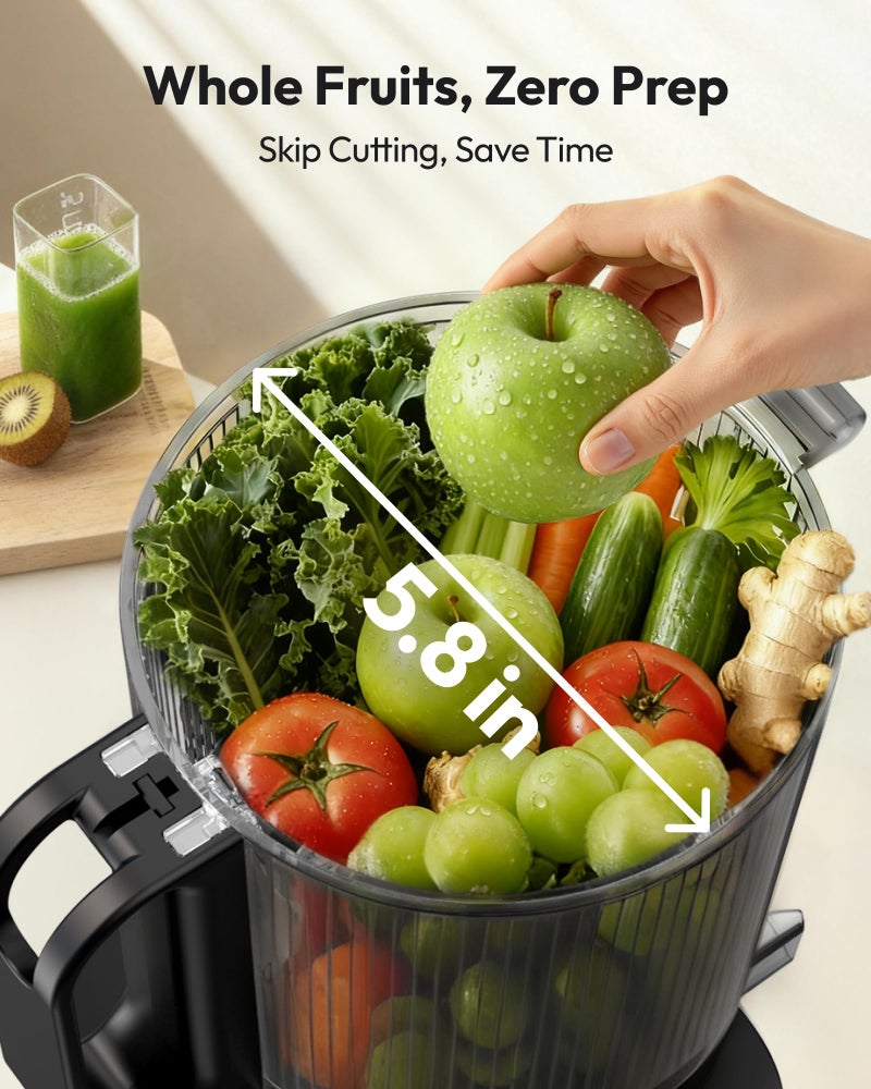 EUHOMY Juicer Machines, EUHOMY 5.8" Wide Feed Chute Cold Press Juicer for Whole Vegetables & Fruits with 400W, High Juice Yield, Easy to clean, Black Stainless Steel - Image 2