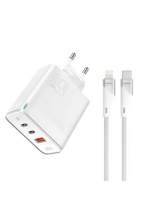 Brave Gan Series Dual Pd and USB 3-Port Fast Charger Wall Adapter, Type C to Lightning Cable, 65W, White