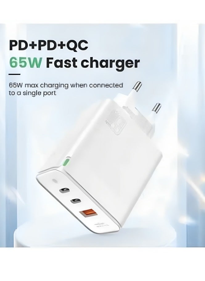 Brave Gan Series Dual Pd and USB 3-Port Fast Charger Wall Adapter, Type C to Lightning Cable, 65W, White