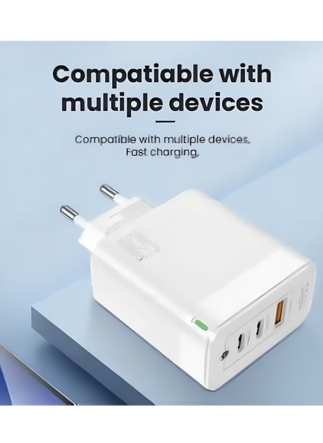 Brave Gan Series Dual Pd and USB 3-Port Fast Charger Wall Adapter, Type C to Lightning Cable, 65W, White