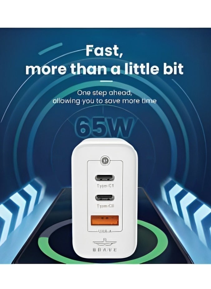 Brave Gan Series Dual Pd and USB 3-Port Fast Charger Wall Adapter, Type C to Lightning Cable, 65W, White