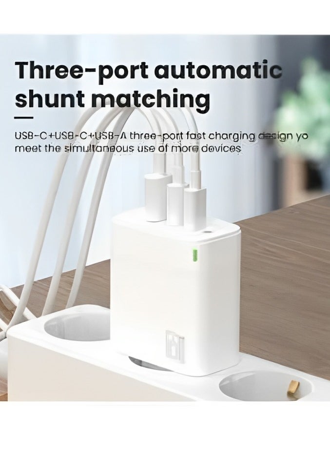 Brave Gan Series Dual Pd and USB 3-Port Fast Charger Wall Adapter, Type C to Lightning Cable, 65W, White