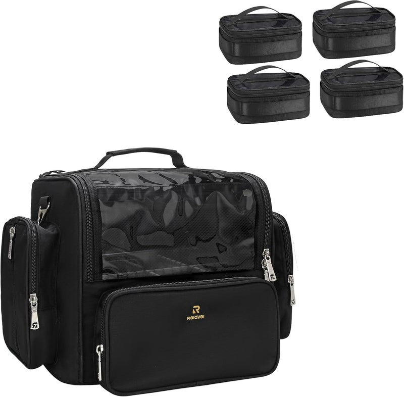 NAONAYA Makeup Brush Bag Extra Large Makeup Brush Case with 4 small bags Professional Makeup Artist Brush Holder Stand Up Organizer for Travel with Adjustable Dividers and Shoulder Strap 