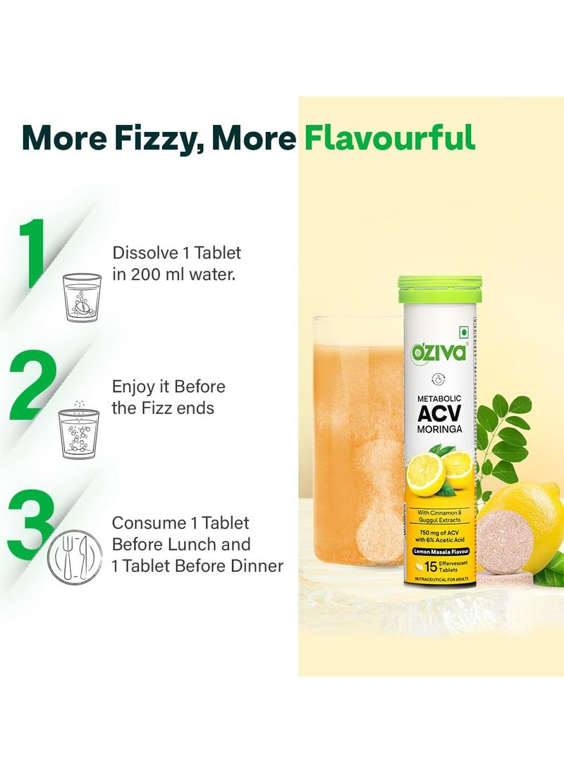 OZiva - ACV Moringa Control Cravings Apple Cider Vinegar Cinnamon Guggul No Maltodextrin No Added Sugar 15 Effervescent Tablets Lemon Masala Pack of 2 30 Tablets - Image 1