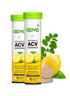 OZiva ACV Moringa Control Cravings Apple Cider Vinegar Cinnamon Guggul No Maltodextrin No Added Sugar 15 Effervescent Tablets Lemon Masala Pack of 2 30 Tablets  - Image 1