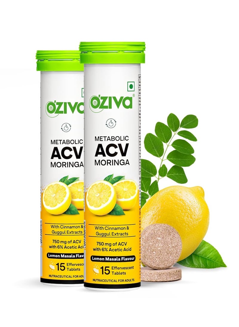 OZiva - ACV Moringa Control Cravings Apple Cider Vinegar Cinnamon Guggul No Maltodextrin No Added Sugar 15 Effervescent Tablets Lemon Masala Pack of 2 30 Tablets - Image 1