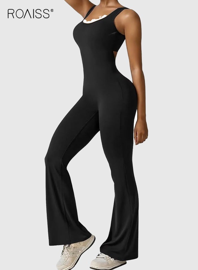 roaiss Black Backless Sleeveless Jumpsuit Flared Yoga Romper for Women Tight Booty Lifting Design with Breathable Stretchy Fabric High Waist Wide Leg Comfort Fit - Image 2
