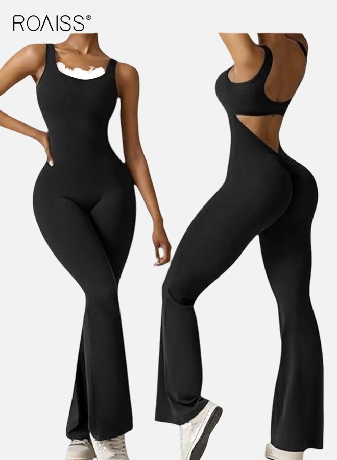 roaiss Black Backless Sleeveless Jumpsuit Flared Yoga Romper for Women Tight Booty Lifting Design with Breathable Stretchy Fabric High Waist Wide Leg Comfort Fit - Image 1