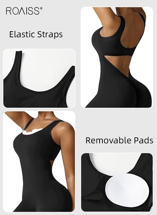 roaiss Black Backless Sleeveless Jumpsuit Flared Yoga Romper for Women Tight Booty Lifting Design with Breathable Stretchy Fabric High Waist Wide Leg Comfort Fit - Image 3