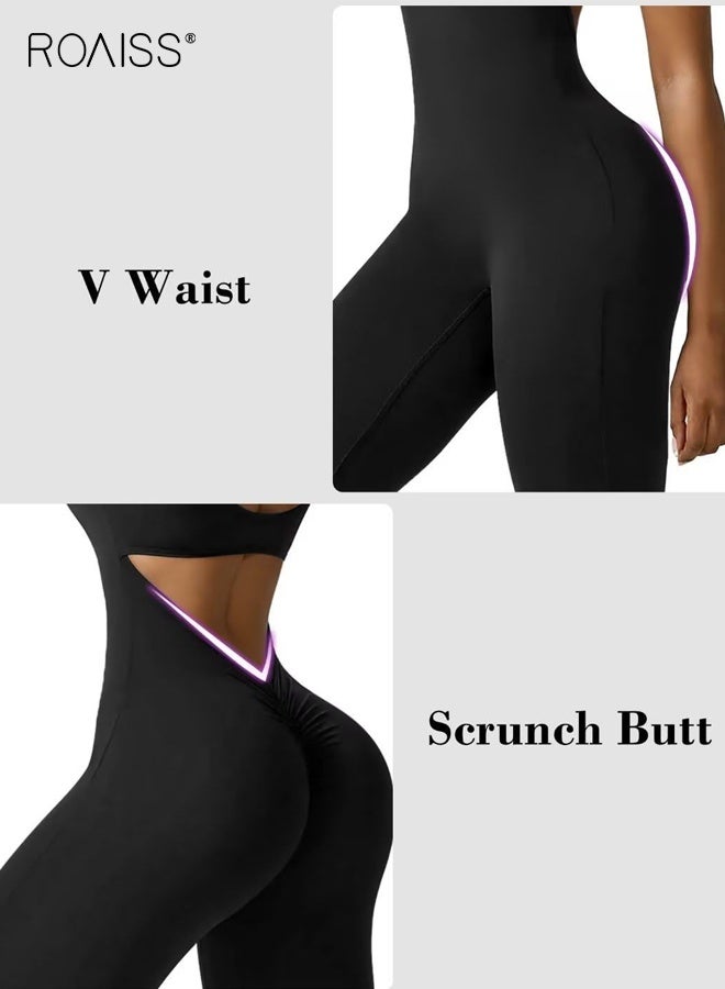 roaiss Black Backless Sleeveless Jumpsuit Flared Yoga Romper for Women Tight Booty Lifting Design with Breathable Stretchy Fabric High Waist Wide Leg Comfort Fit - Image 5