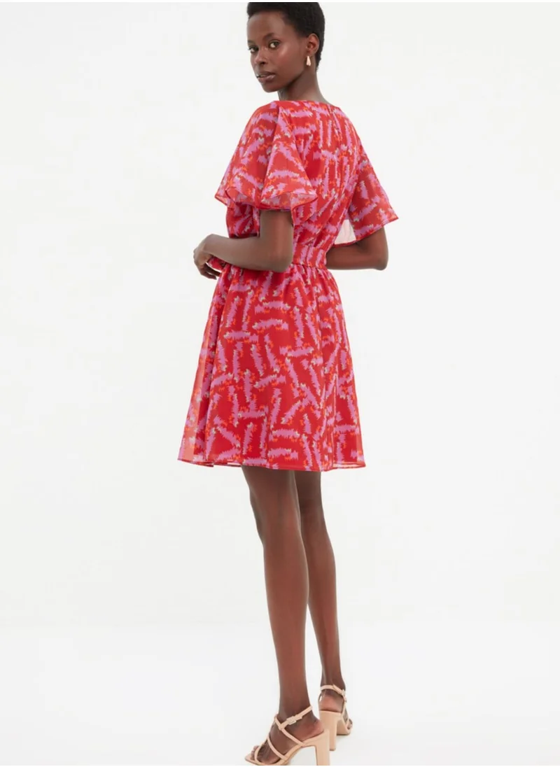 trendyol Ruffle Sleeve Printed Tie Detail Dress