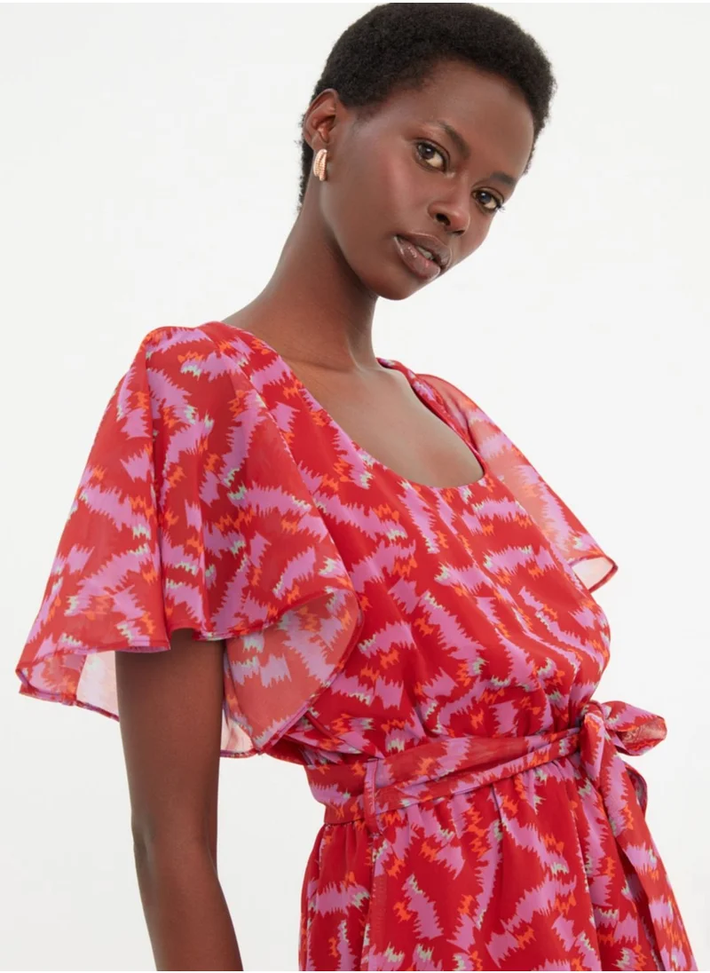trendyol Ruffle Sleeve Printed Tie Detail Dress