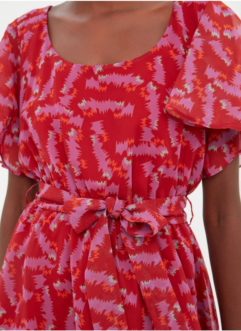 trendyol Ruffle Sleeve Printed Tie Detail Dress