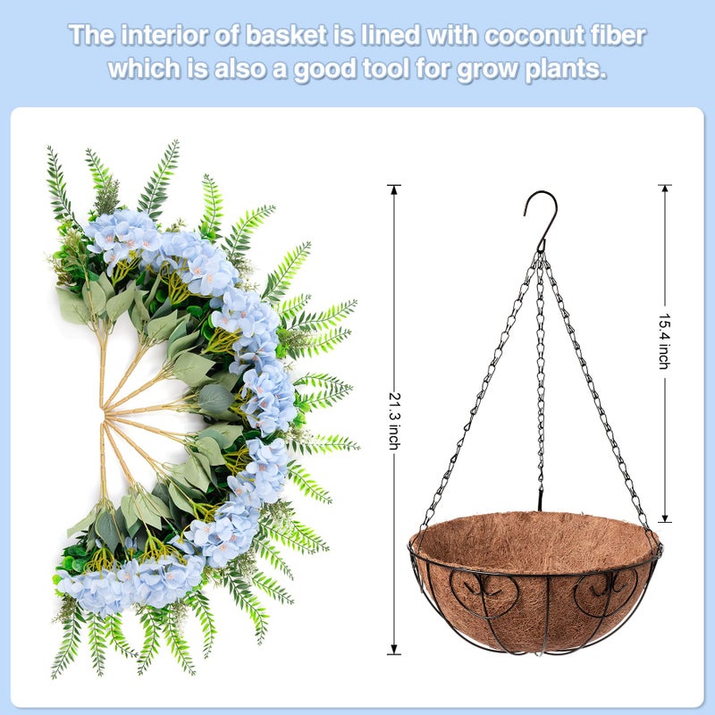 Ammyoo Artificial Hanging Hydrangea Flowers with Basket for Outdoor Spring Decoration, Fake Silk Hydrangea Flower Outdoor Indoor Arrangements, Fake Hanging Plants for Balcony Garden Yard Decor(Blue) - Image 5