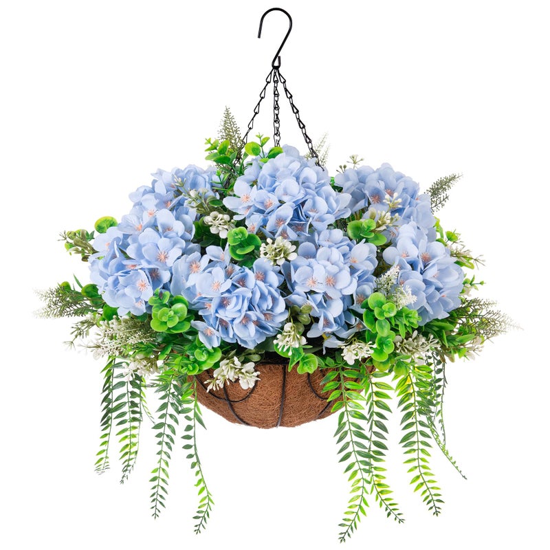 Ammyoo Artificial Hanging Hydrangea Flowers with Basket for Outdoor Spring Decoration, Fake Silk Hydrangea Flower Outdoor Indoor Arrangements, Fake Hanging Plants for Balcony Garden Yard Decor(Blue) - Image 1