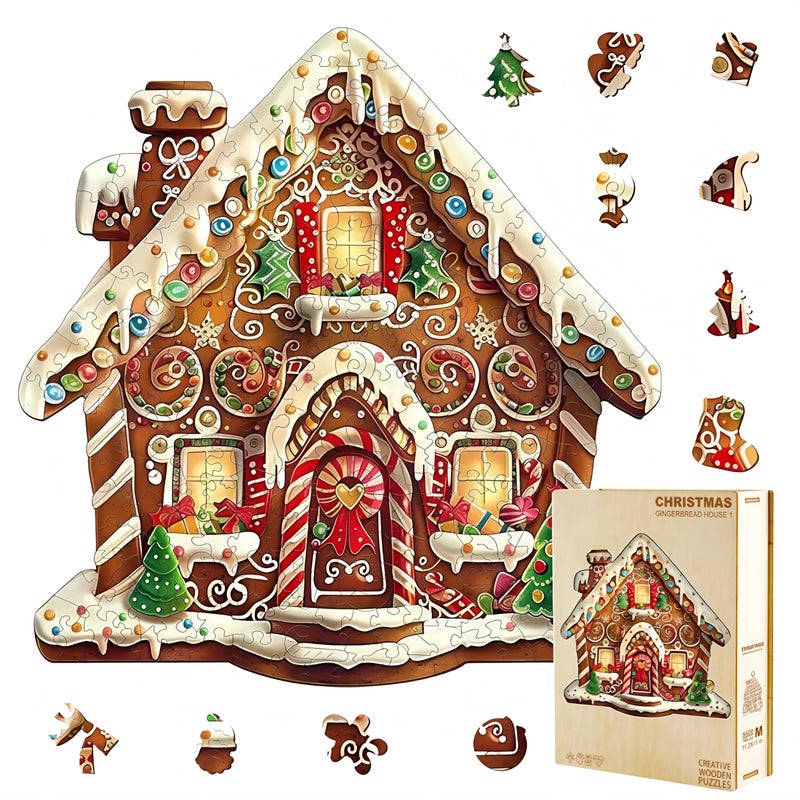 Jollitot Wooden Christmas Puzzles Adults Christmas Gingerbread House Shaped Wooden Puzzles 250 Pieces Unique Challenging Wood Jigsaw Puzzles Xmas for Men Women 134x132in - Image 3