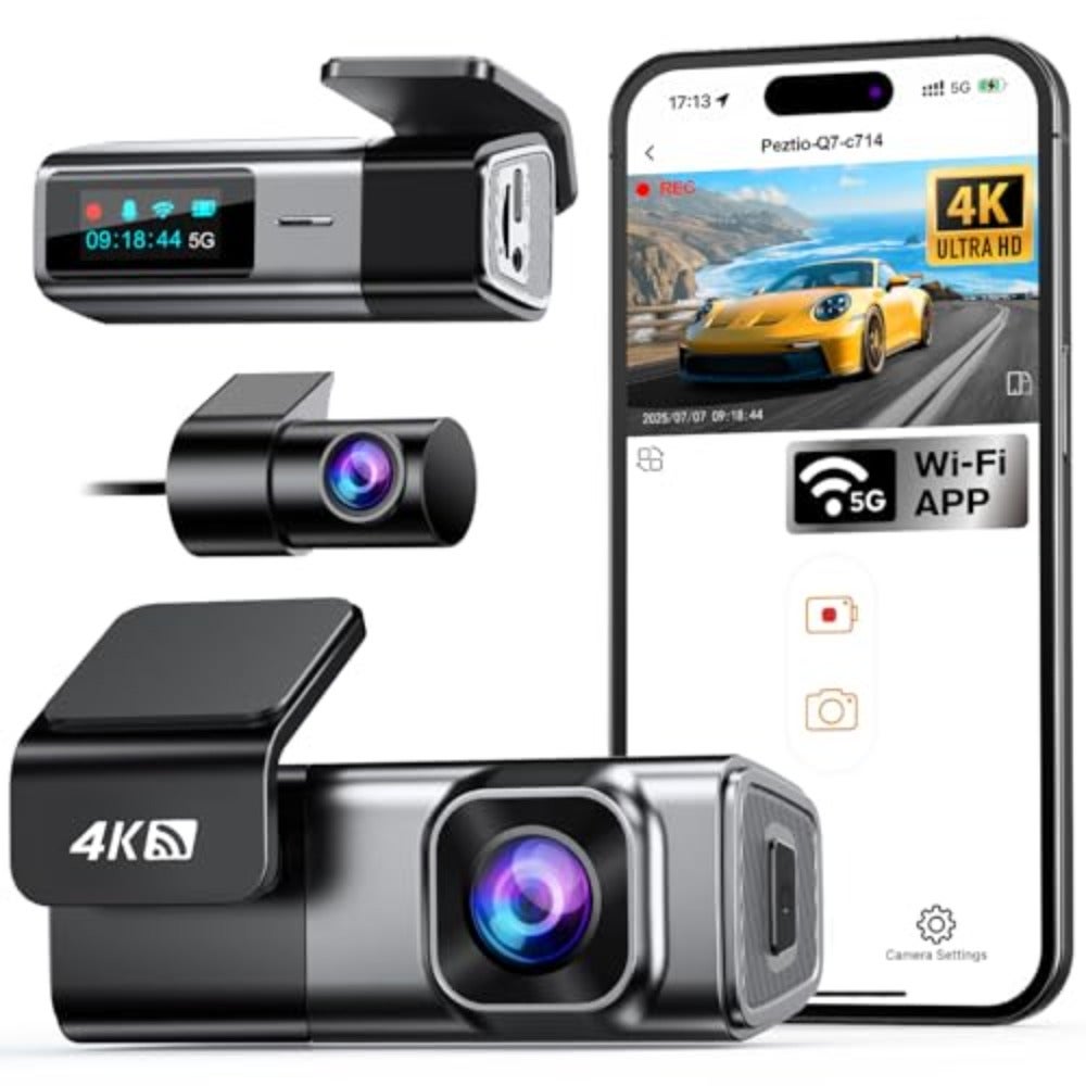 Dashcam for cars, 4K+1080P front rear dual camera with super night vision, WDR, G-sensor, 24/7 parking monitoring, loop recording, app control, 5G WiFi, includes 64GB card, supports up to 256GB