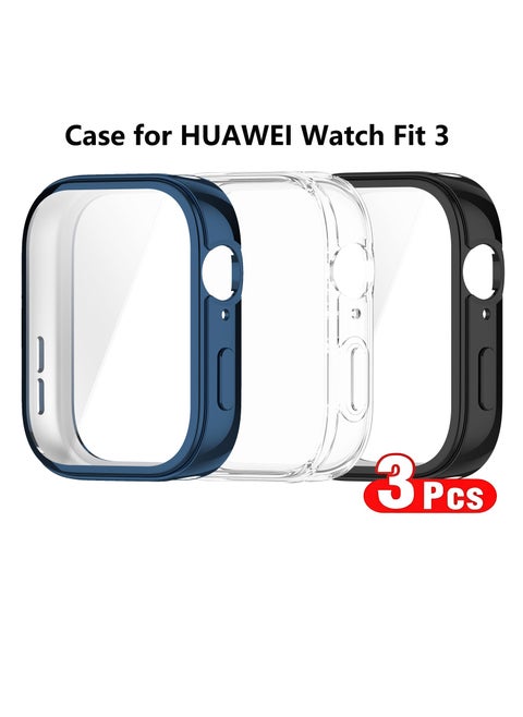 3 PCS Soft TPU Screen Protector Cover Case for HUAWEI Watch Fit 3 Black,Clear and Blue