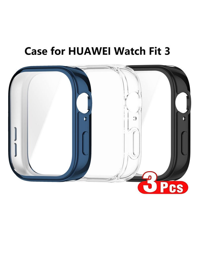 3 PCS Soft TPU Screen Protector Cover Case for HUAWEI Watch Fit 3 Black,Clear and Blue