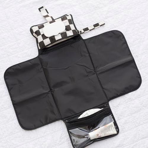 Tiny Twinkle Portable Diaper Changing Pad – Foldable, Waterproof & Compact Travel Changing Mat with Storage | Smart Wipes Pocket for On-The-Go Parents(Black Checkers) - Image 4