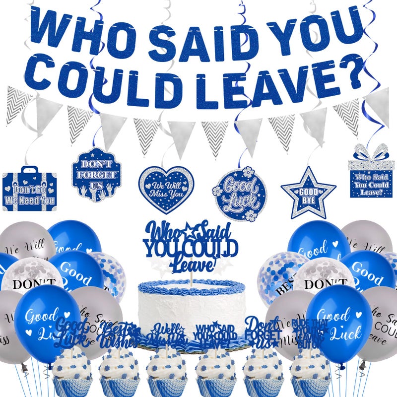 Roetyce Farewell Party Decorations Blue Silver Who Said You Could Leave Banner Cake Toppers Balloons Hanging Swirls Going Away Retirement Leaving Party Decorations Coworker Goodbye Party Supplies - Image 2