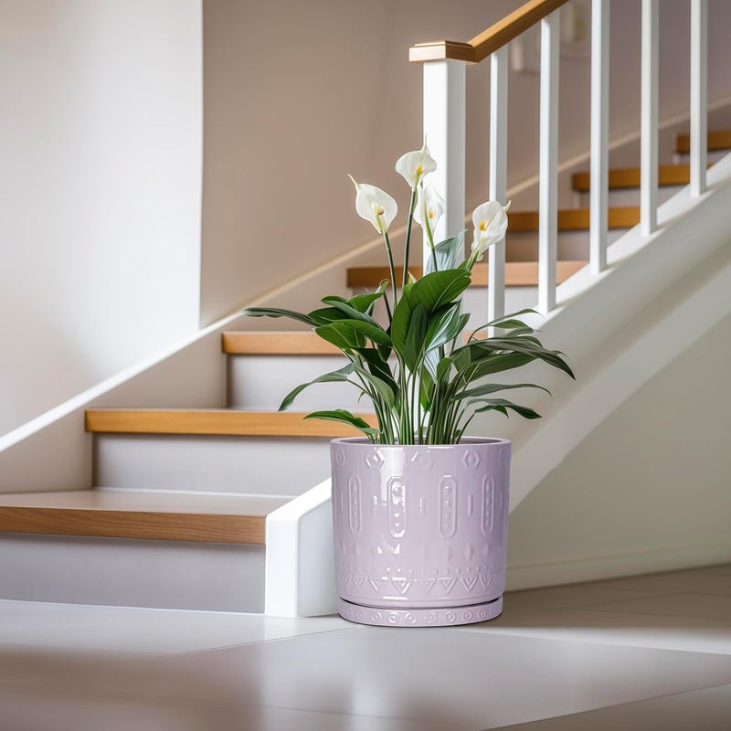 Eightpot 12 Inch Ceramic Planter Pot Plant Pot with Drainage Hole and Saucer, Round Large Flower Pot for Indoor Plants Outdoor Garden Planter Pot, Purple - Image 4
