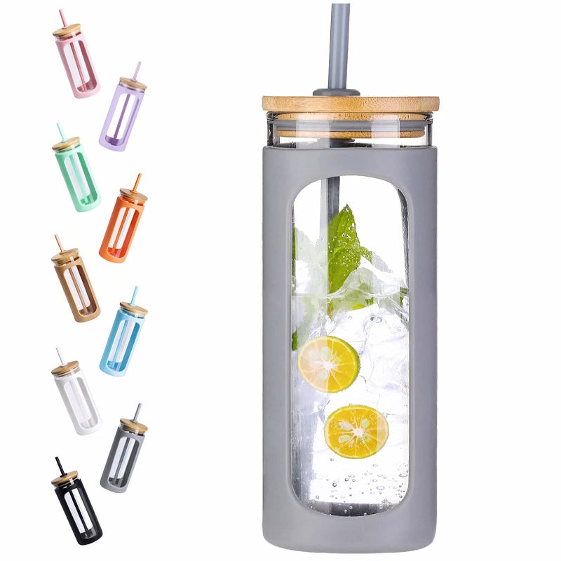 Kodrine 20oz Glass Water Tumbler with Straw and Lid Bamboo Lids Water Bottle Iced Coffee Cup Reusable Wide Mouth Smoothie Cups with Protective Silicone Sleeve BPA FREEGrey