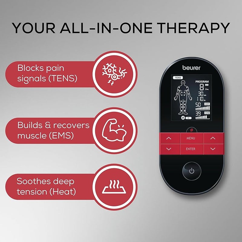 Beurer EM 59 Digital TENS/EMS Device with Heat | 4-in-1 Stimulation Device for Pain Therapy Muscle Stimulation | 4 Electrodes, 70 Programmes and 50 intensity levels | 5 Years Warranty - Image 2
