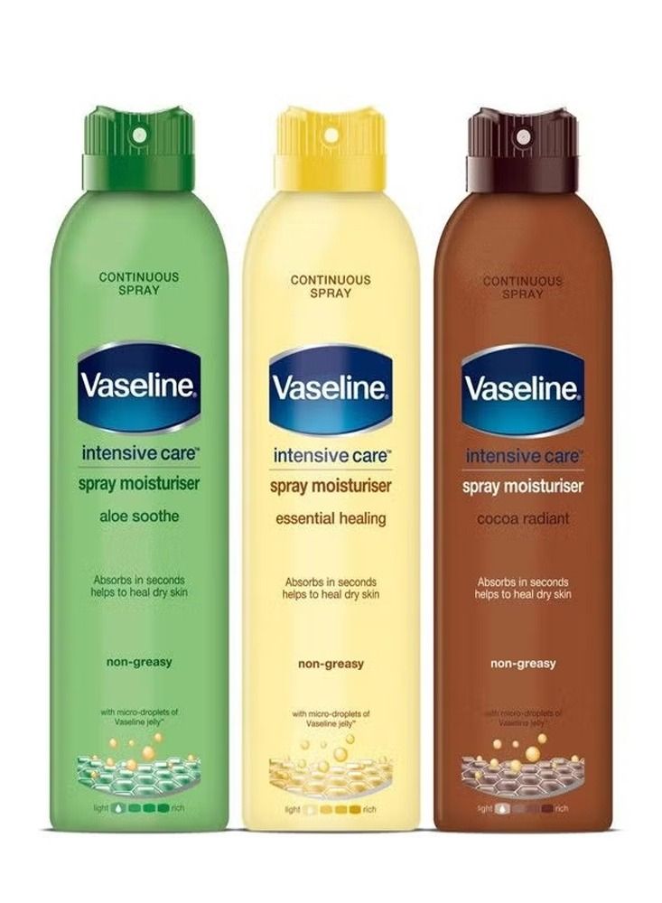 Vaseline intensive Care Moisturizer For Dry Skin Essential Healing Cocoa Radiant Aloe Soothe Fresh Body Spray 190ml (Pack of 3)  - Image 1