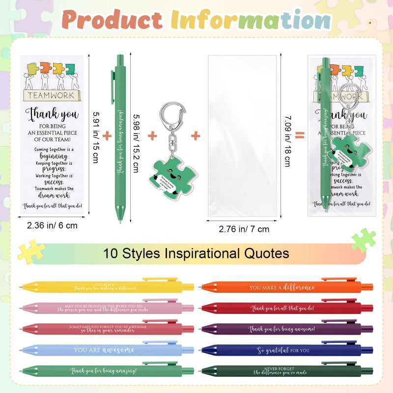 Dunzoom Employee Appreciation Gifts Bulk for Workplace Coworker Office Staff Teacher Nurse Doctor Social Worker Team Work Puzzle Piece Keychains & Thank You Pens(20 Set) - Image 2
