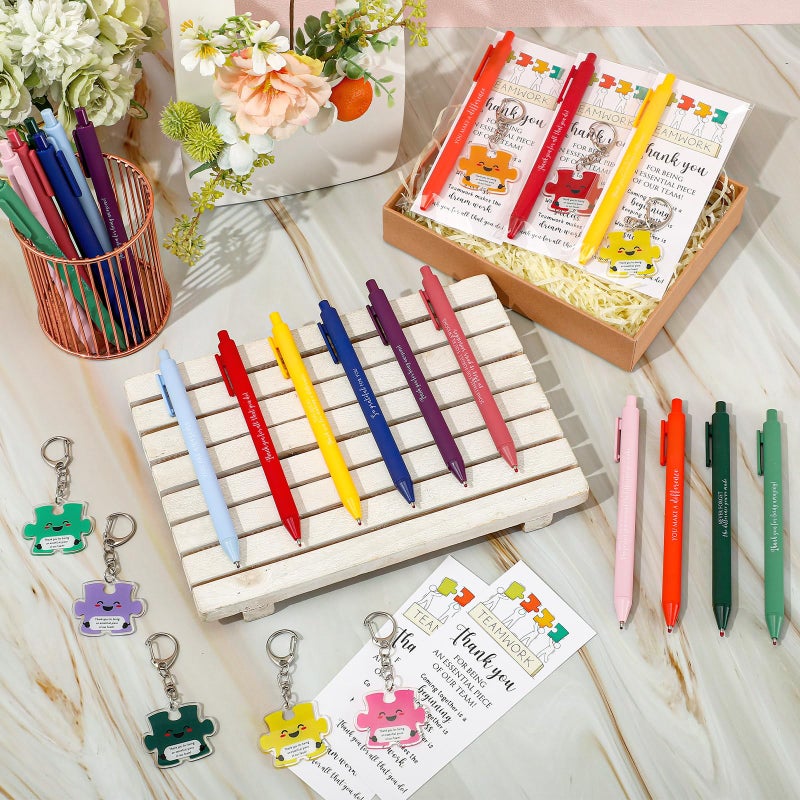 Dunzoom Employee Appreciation Gifts Bulk for Workplace Coworker Office Staff Teacher Nurse Doctor Social Worker Team Work Puzzle Piece Keychains & Thank You Pens(20 Set) - Image 4