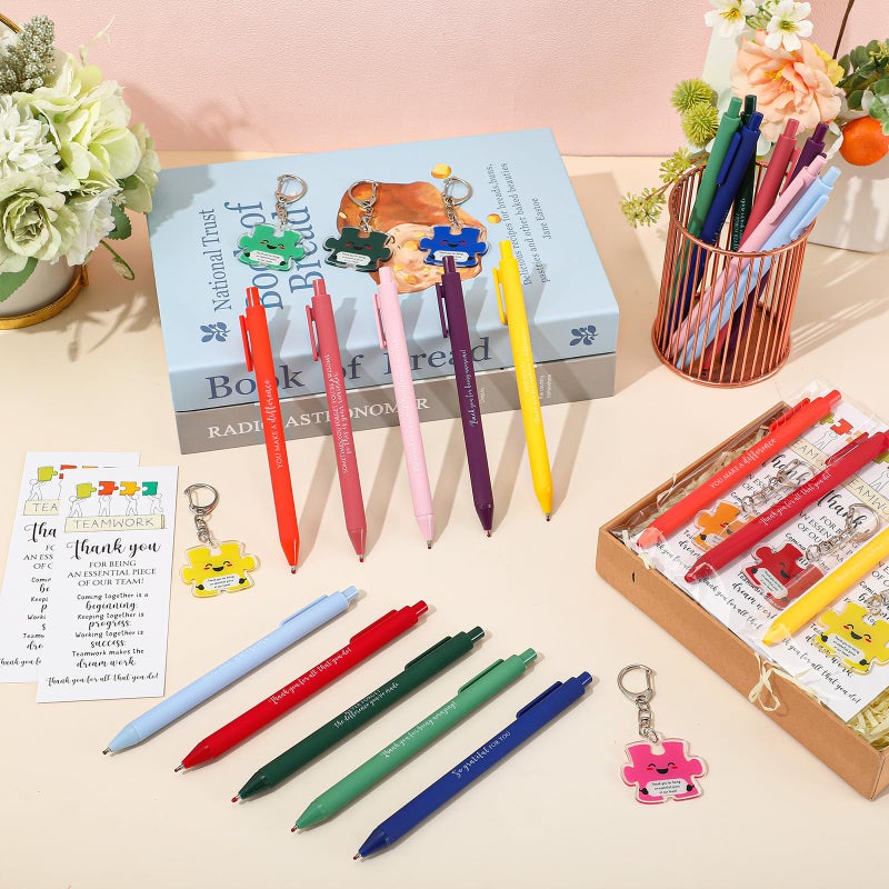 Dunzoom Employee Appreciation Gifts Bulk for Workplace Coworker Office Staff Teacher Nurse Doctor Social Worker Team Work Puzzle Piece Keychains & Thank You Pens(20 Set) - Image 5