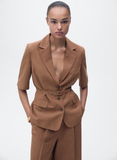 MANGO Linen-Blend Suit Jacket With Belt  - Image 1