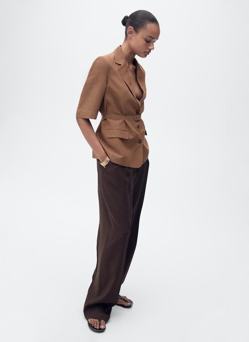MANGO - Linen-Blend Suit Jacket With Belt - Image 1