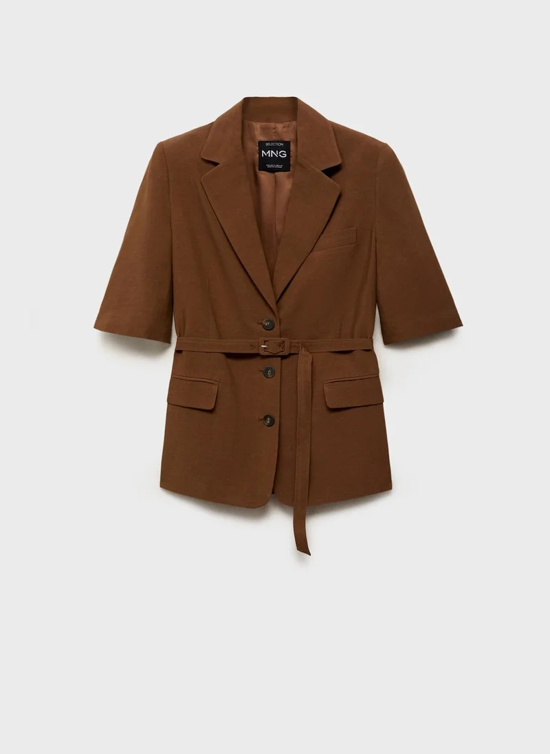MANGO Linen-Blend Suit Jacket With Belt