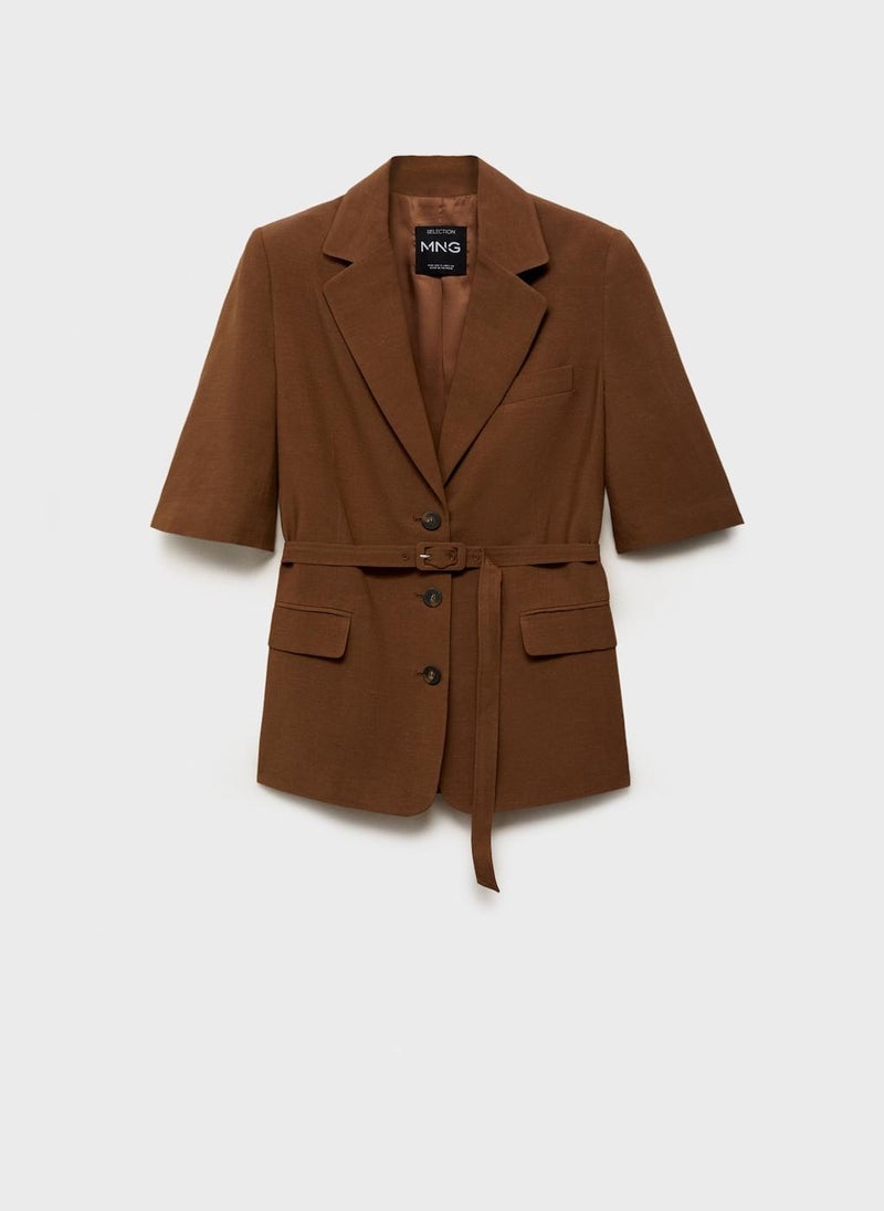MANGO - Linen-Blend Suit Jacket With Belt - Image 1