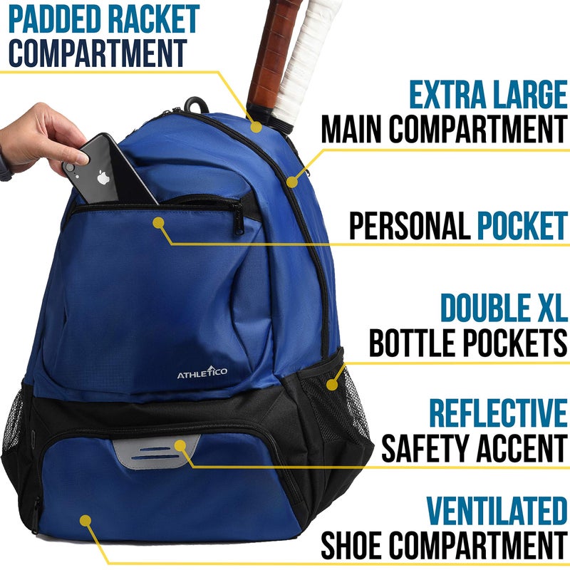 Athletico Premier Tennis Backpack - Tennis Bag Holds 2 Rackets in Padded Compartment | Separate Ventilated Shoe Compartment | Tennis Bags for Men or Women (Blue) - Image 4