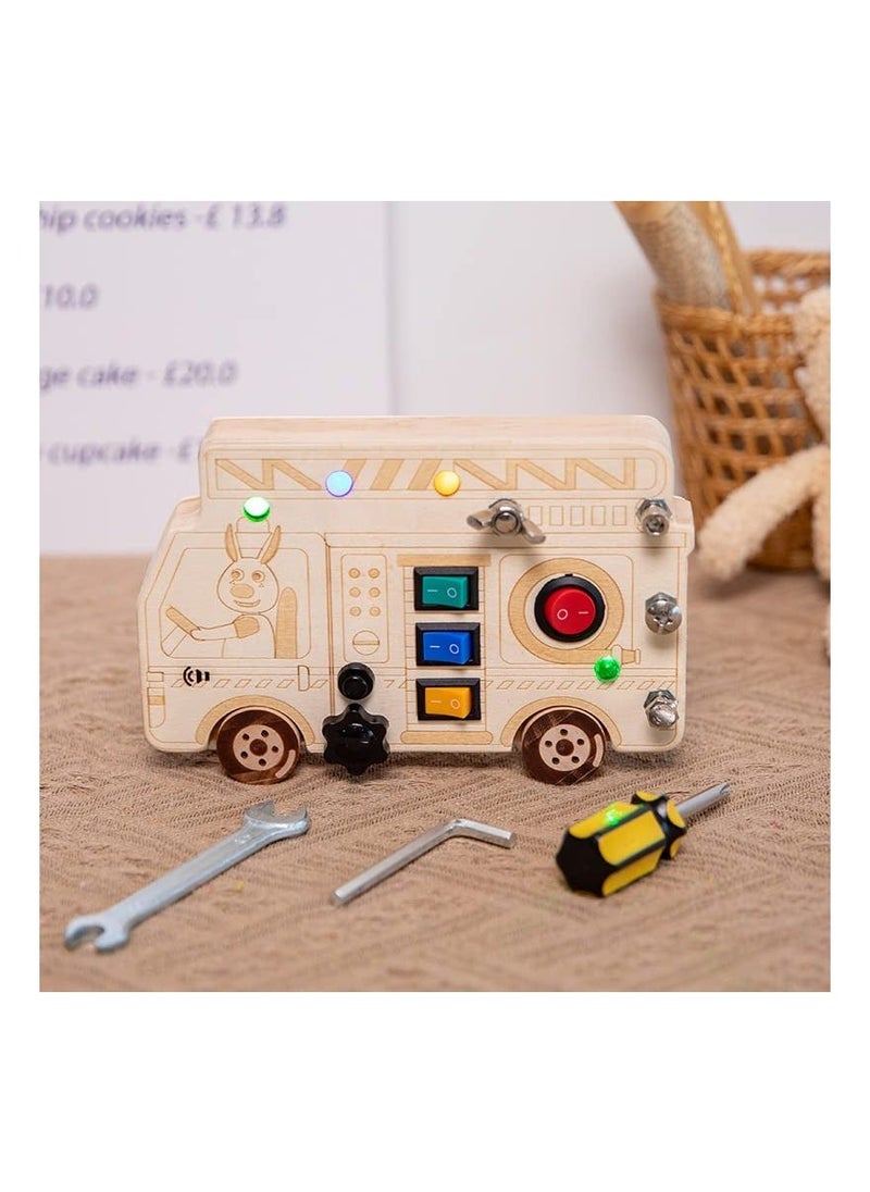 3-in-1 Busy Board with LED Light, Montessori Busy Board with Screwdriver Mini Set, Fire truck Fine Motor Skills Toys, Car Busy Board Wooden, with Buttons to Push Wooden Toys, Square Circuit Board  - Image 1