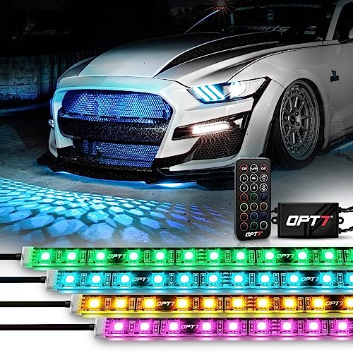 OPT7 Aura 4PCS LED Grille Lights with Remote Control, 12 inches IP67 Waterproof LED Strip Lights, Multi-Color, Dimmer, Fade, Cycle, Strobe, Peel'n'Stick Front Grill Valence, for Car Truck SUV - Image 1