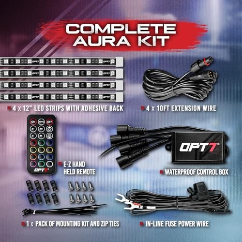 OPT7 Aura 4PCS LED Grille Lights with Remote Control, 12 inches IP67 Waterproof LED Strip Lights, Multi-Color, Dimmer, Fade, Cycle, Strobe, Peel'n'Stick Front Grill Valence, for Car Truck SUV - Image 2