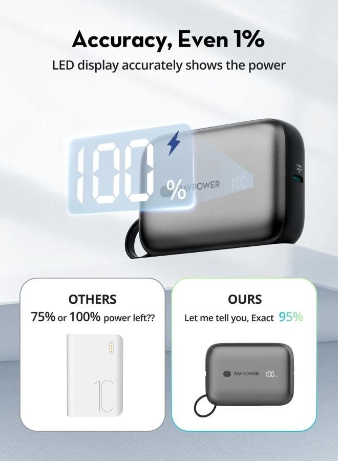 راف باور بنك طاقة RAVPower 20W PD سعة 10000mAh مع كابل USB-C مدمج، شحن سريع 3 منافذ، تصميم مدمج، PowerIQ 3.0، توافق عالمي، شاشة رقمية ذكية - Image 5