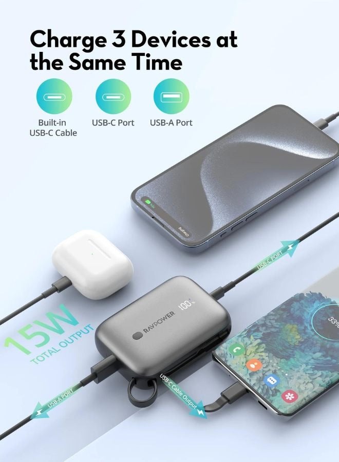 راف باور بنك طاقة RAVPower 20W PD سعة 10000mAh مع كابل USB-C مدمج، شحن سريع 3 منافذ، تصميم مدمج، PowerIQ 3.0، توافق عالمي، شاشة رقمية ذكية - Image 4