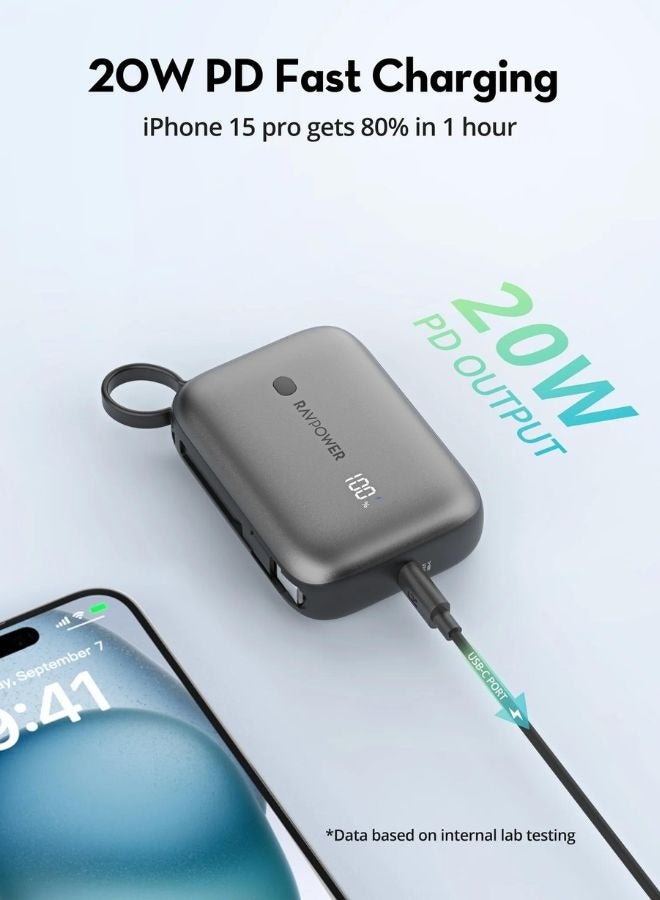 راف باور بنك طاقة RAVPower 20W PD سعة 10000mAh مع كابل USB-C مدمج، شحن سريع 3 منافذ، تصميم مدمج، PowerIQ 3.0، توافق عالمي، شاشة رقمية ذكية - Image 2