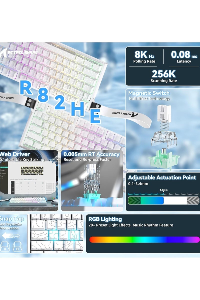 هجوم القرش لوحة مفاتيح الألعاب الميكانيكية السلكية R82HE Rapid Trigger TKL NKRO مع استطلاع 8K، ودقة RT 0.005 مم، ومعدل مسح 256K، وعزل الصوت بخمس طبقات، ومفتاح مغناطيسي بتأثير هول لأجهزة الكمبيوتر الشخصية وأجهزة ماك (محيط أبيض) - Image 2
